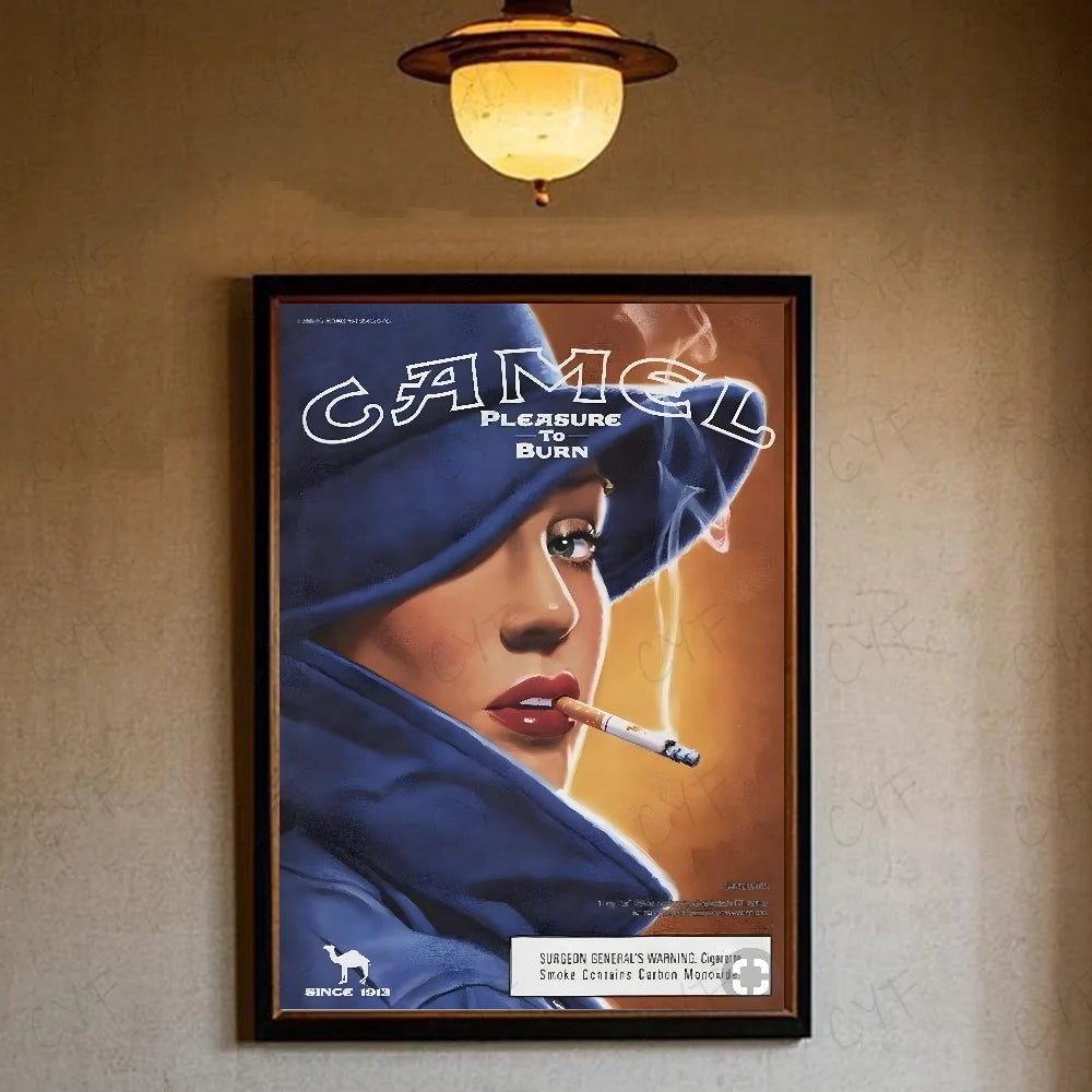 Vintage poster featuring a close-up portrait of a woman with blue clothing and a cigarette, advertising Camel cigarettes.
