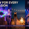 A collage showing glowing LED flower crowns used in music festivals, beach celebrations, and stage performances.