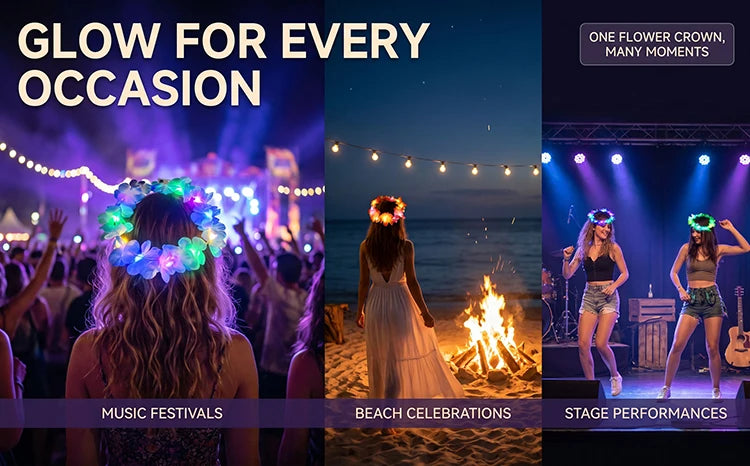 A collage showing glowing LED flower crowns used in music festivals, beach celebrations, and stage performances.