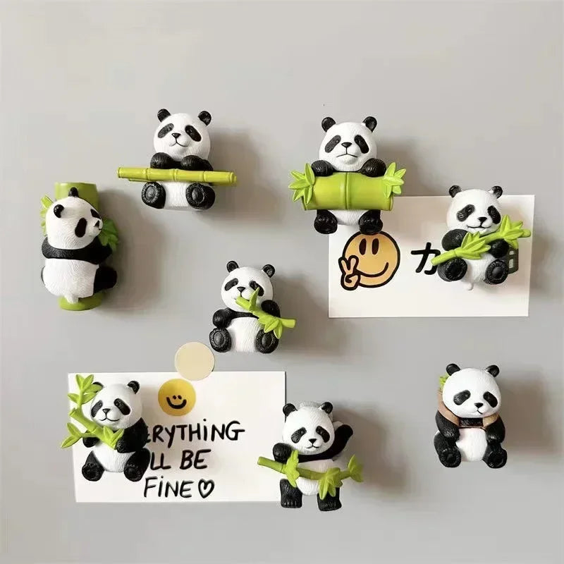 A collection of cute panda-themed fridge magnets featuring various expressions and accessories.