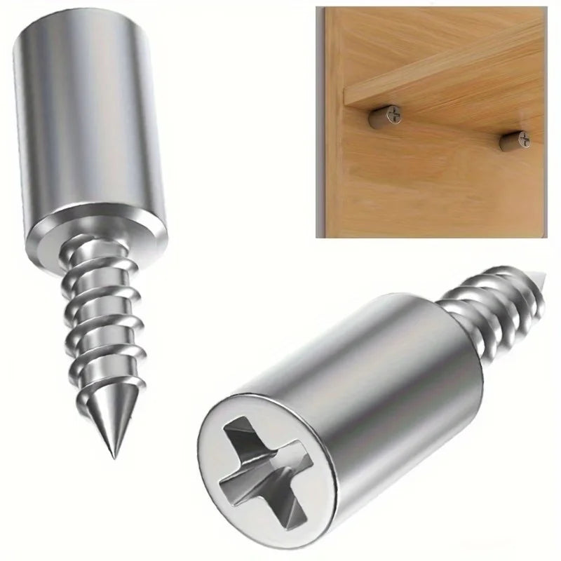 A silver heavy-duty steel shelf pin with a self-tapping screw tip shown next to a wooden panel.