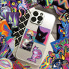 A collection of colorful, trippy vaporwave stickers and art prints displayed on a white laptop.