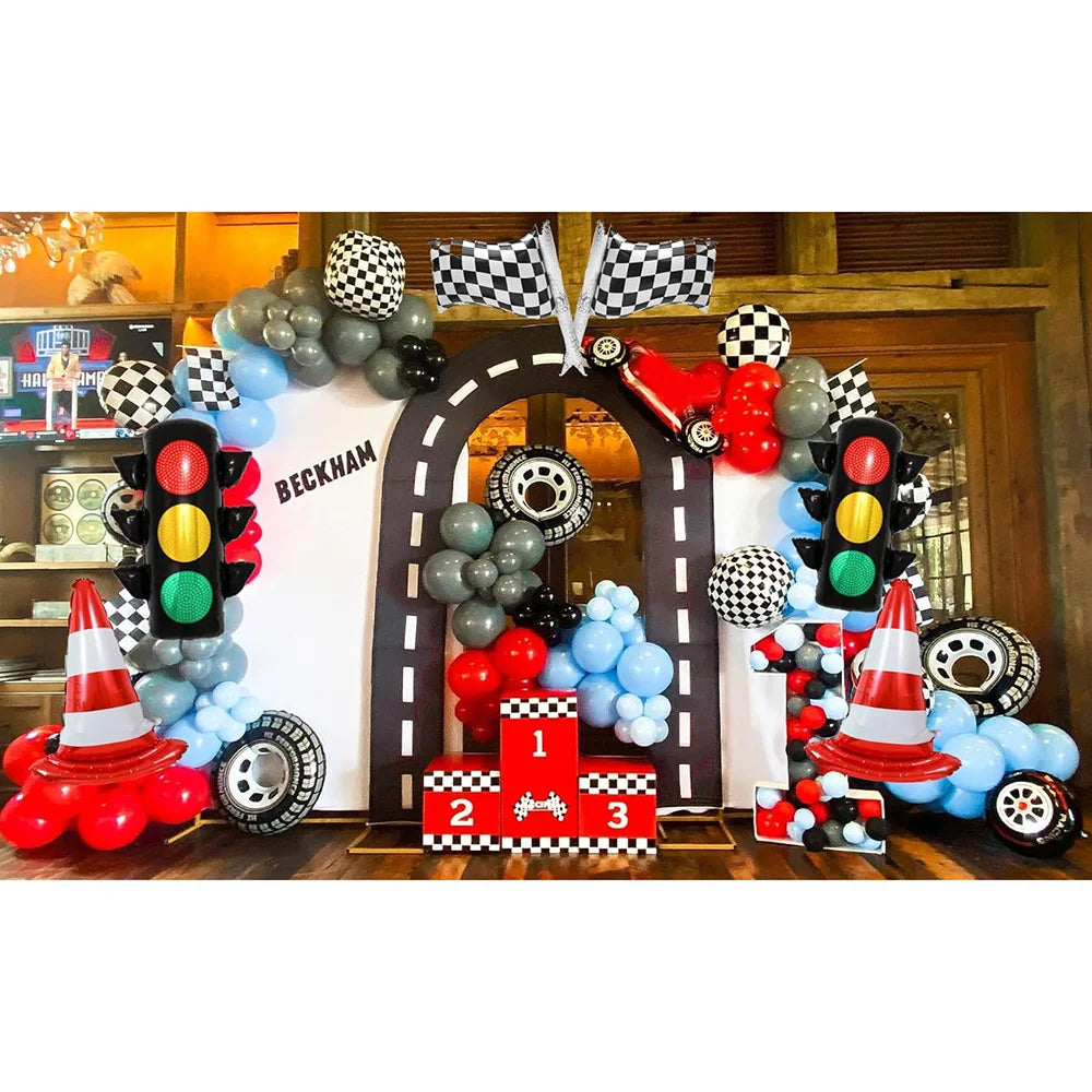 Race Car Birthday Party Balloon Decoration Set with Traffic Lights, Cones & Checkered Flags