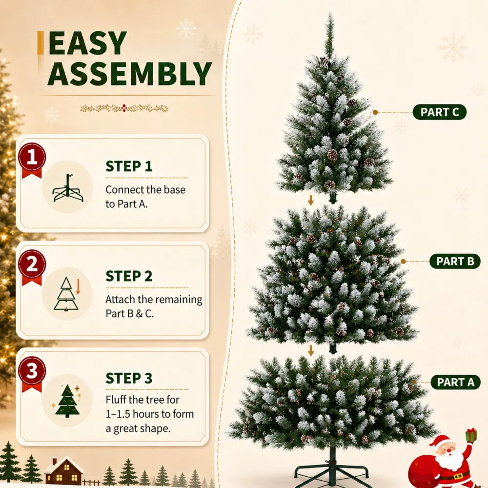 Instructions for easy assembly of a pre-lit flocked artificial Christmas tree in three steps