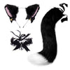 Black furry cat ear headband and tail costume set with black and white fur