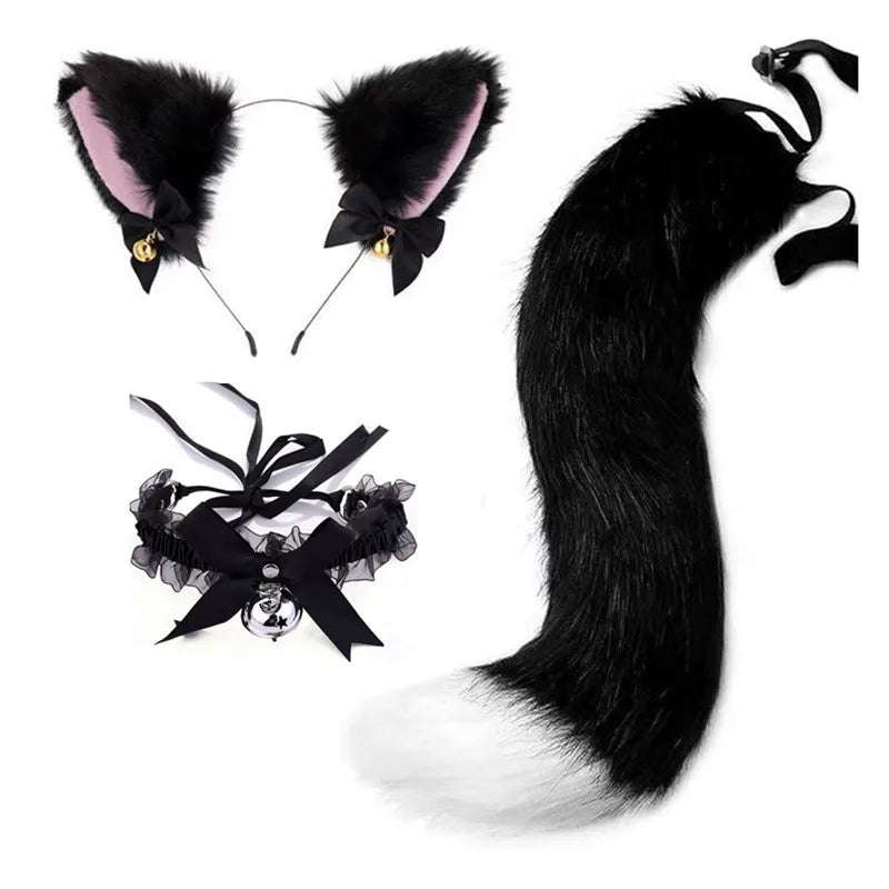 Black furry cat ear headband and tail costume set with black and white fur