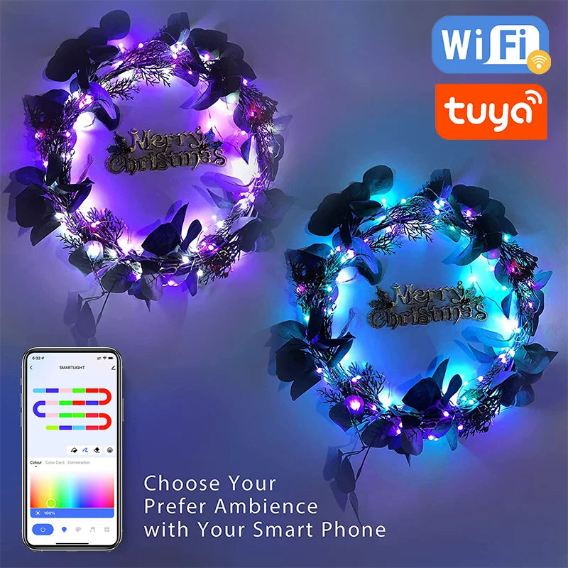 A purple LED wreath lights up a room, demonstrating smart home control via a smartphone app.
