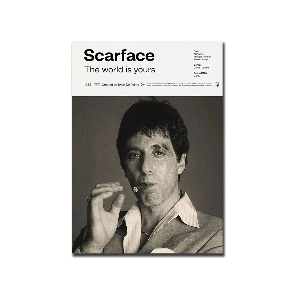 Poster for Scarface The World Is Yours featuring a man in a suit looking directly at the camera.