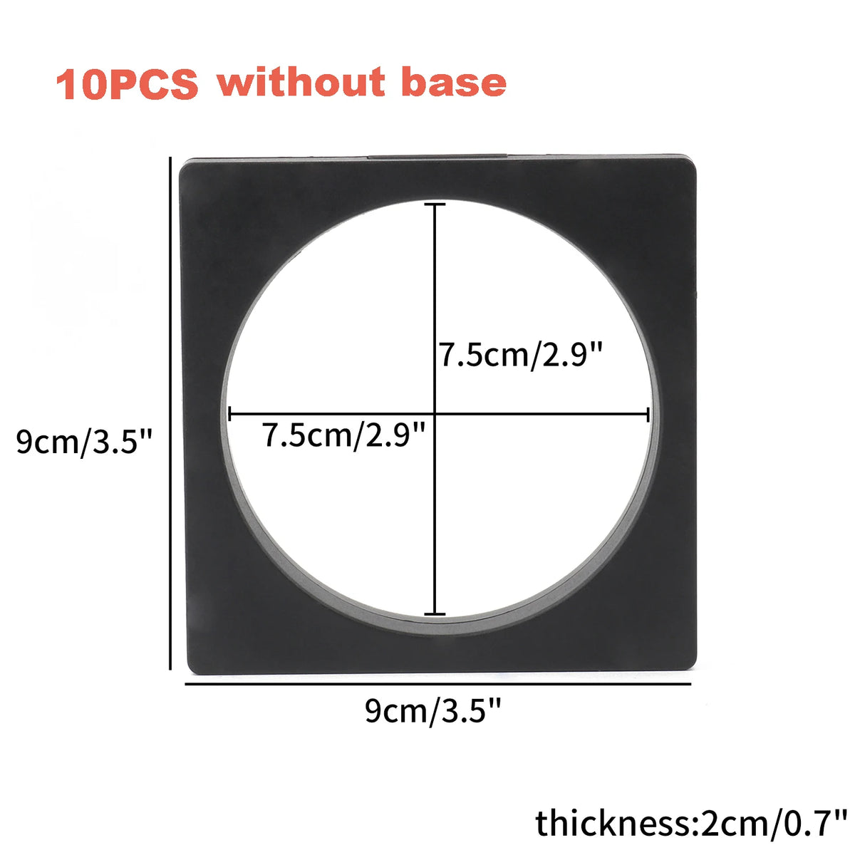 A black floating shadow box jewelry display frame with a circular opening and a 9cm by 9cm size.