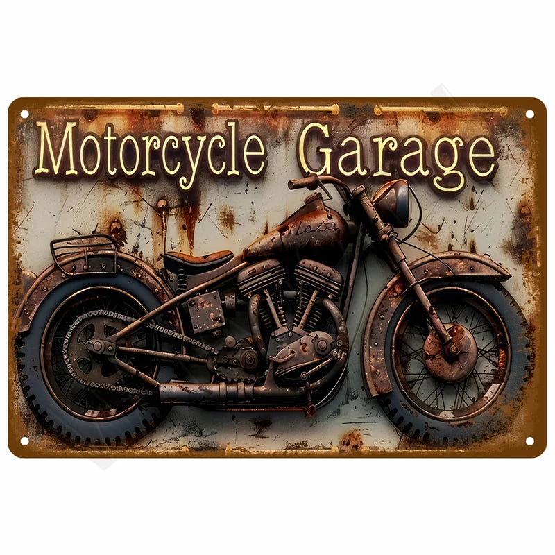 A vintage rusted motorcycle metal sign featuring an old engine and wheels.
