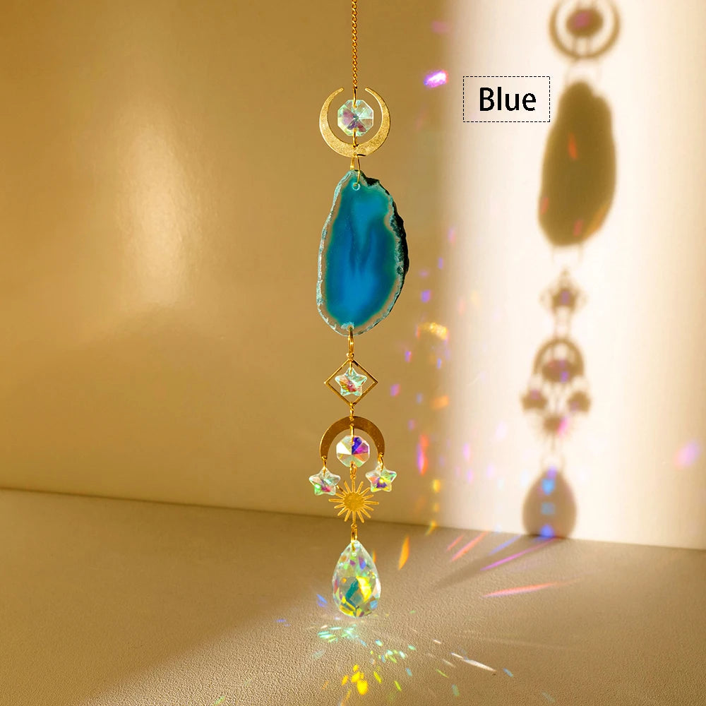Blue natural agate sun catcher crystal decor hanging with gold accents
