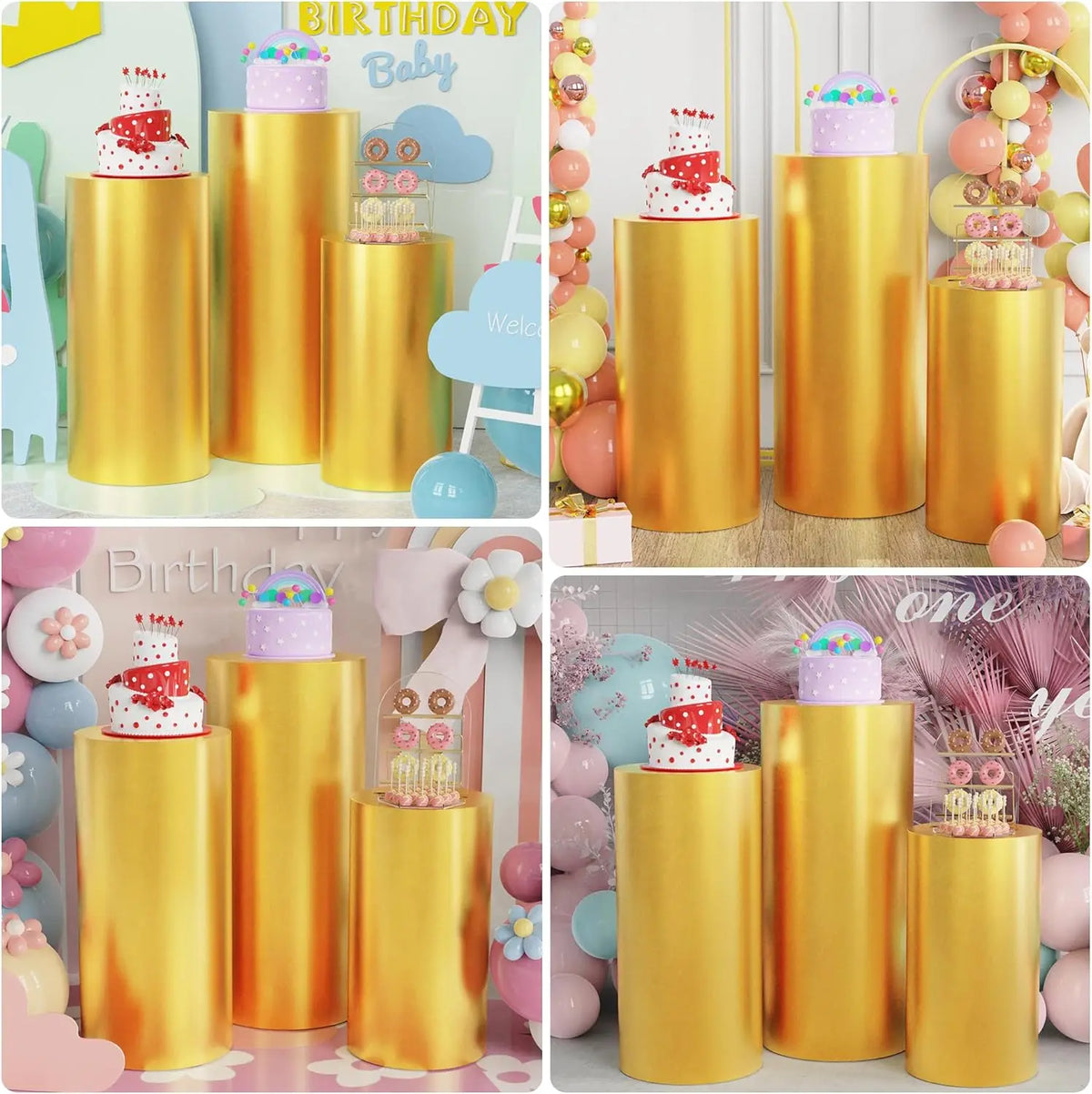 Gold spandex cylinder stand covers decorated with pink and white balloons for birthday events