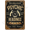 Vintage Metallwandtafel mit dem Text 'Stephanie's Psychic Readings' und einer Reihe von Tarotkarten.