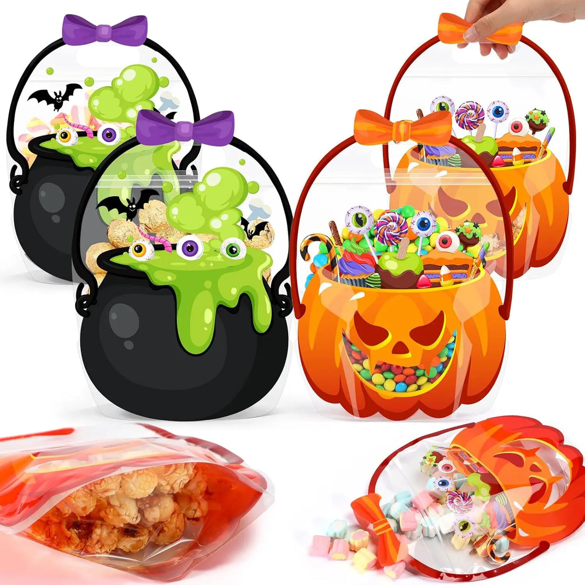 A set of Halloween trick or treat candy bags with orange and green handles and decorative designs.