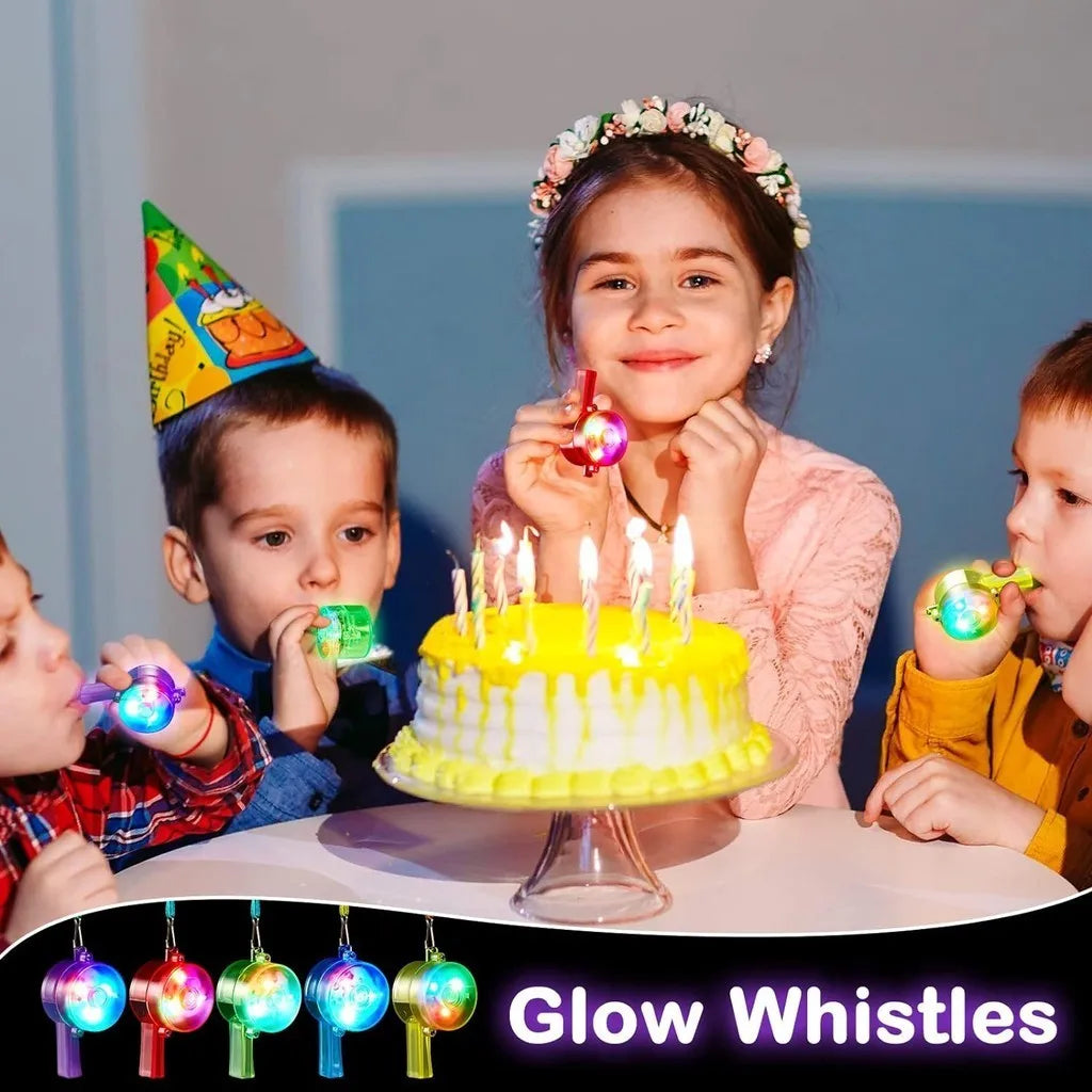 A young girl is celebrating a birthday with glow in the dark whistles and necklaces.