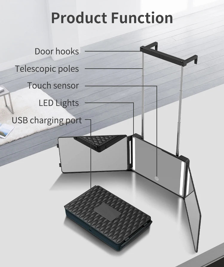3-Way LED Makeup and Haircut Mirror with 360° Rotation and Door Hook