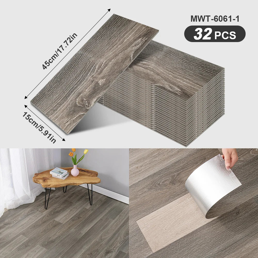 A package of 32 wood grain peel-and-stick floor and wall stickers showing the texture and size.