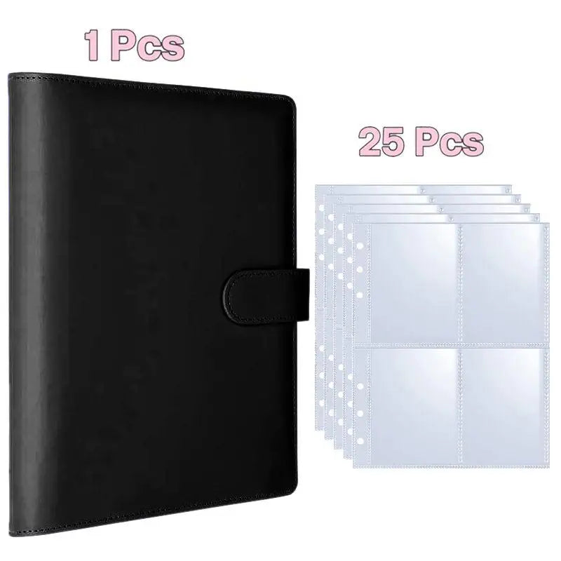 Black A5 PU leather photocard binder with 25 individual clear plastic sleeves.