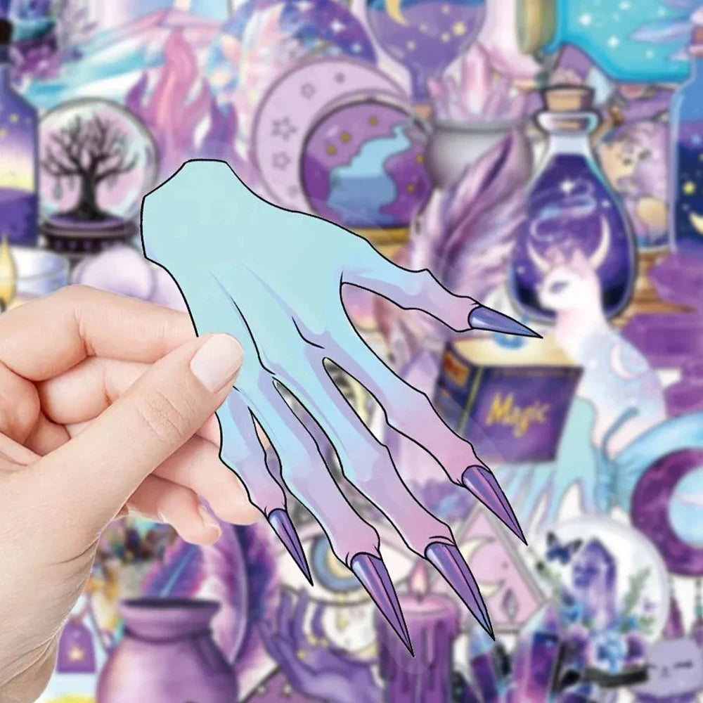 A hand holds up a stylized, glowing purple and blue hand print sticker against a colorful magic background.