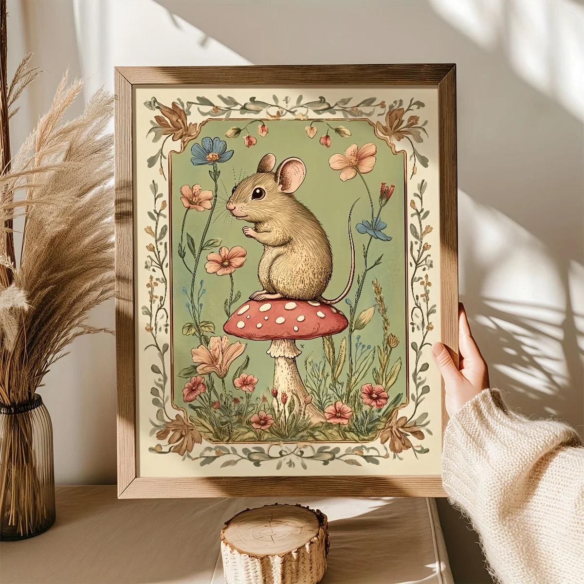 A framed canvas print featuring a vintage woodland mouse sitting on a large red and white mushroom surrounded by green foliag