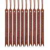 A set of brown leather bible bookmarks with various scripture verses hanging from twine.