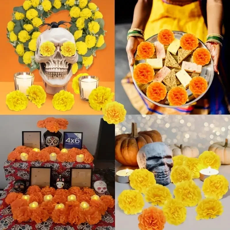 A collection of artificial orange and yellow carnation and marigold flower heads used for festive decoration.