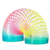 Rainbow spring circus party favors for kids in a spiral arrangement of pink, yellow, and blue plastic rings