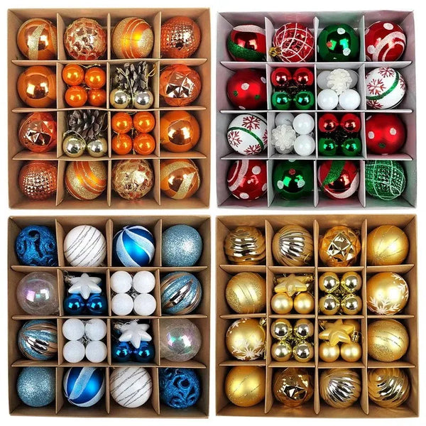 A collection of 44 festive Christmas ball ornaments in various colors and finishes displayed in a wooden box.