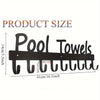 Un ensemble de crochets muraux en métal noir, en forme de mot 'Pool Towels', pour suspendre des objets.