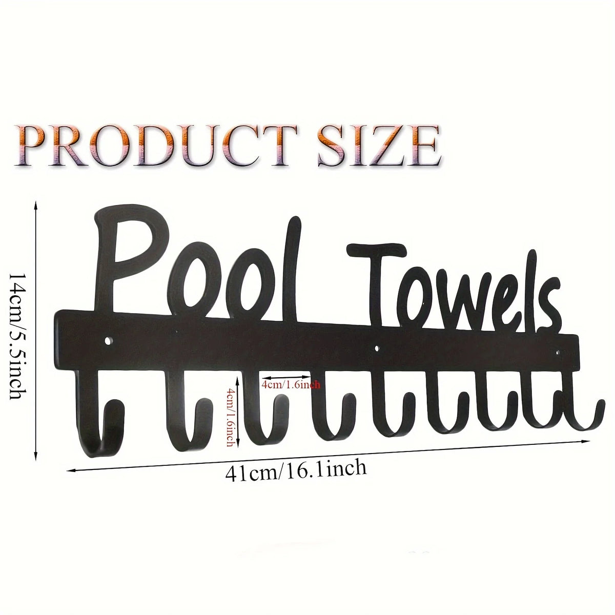 Un ensemble de crochets muraux en métal noir, en forme de mot 'Pool Towels', pour suspendre des objets.