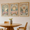 A set of three framed celestial tarot floral art prints featuring the moon sun and star designs