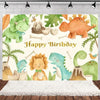 A watercolor illustration of various cartoon dinosaurs in a lush green woodland theme for a birthday party backdrop.