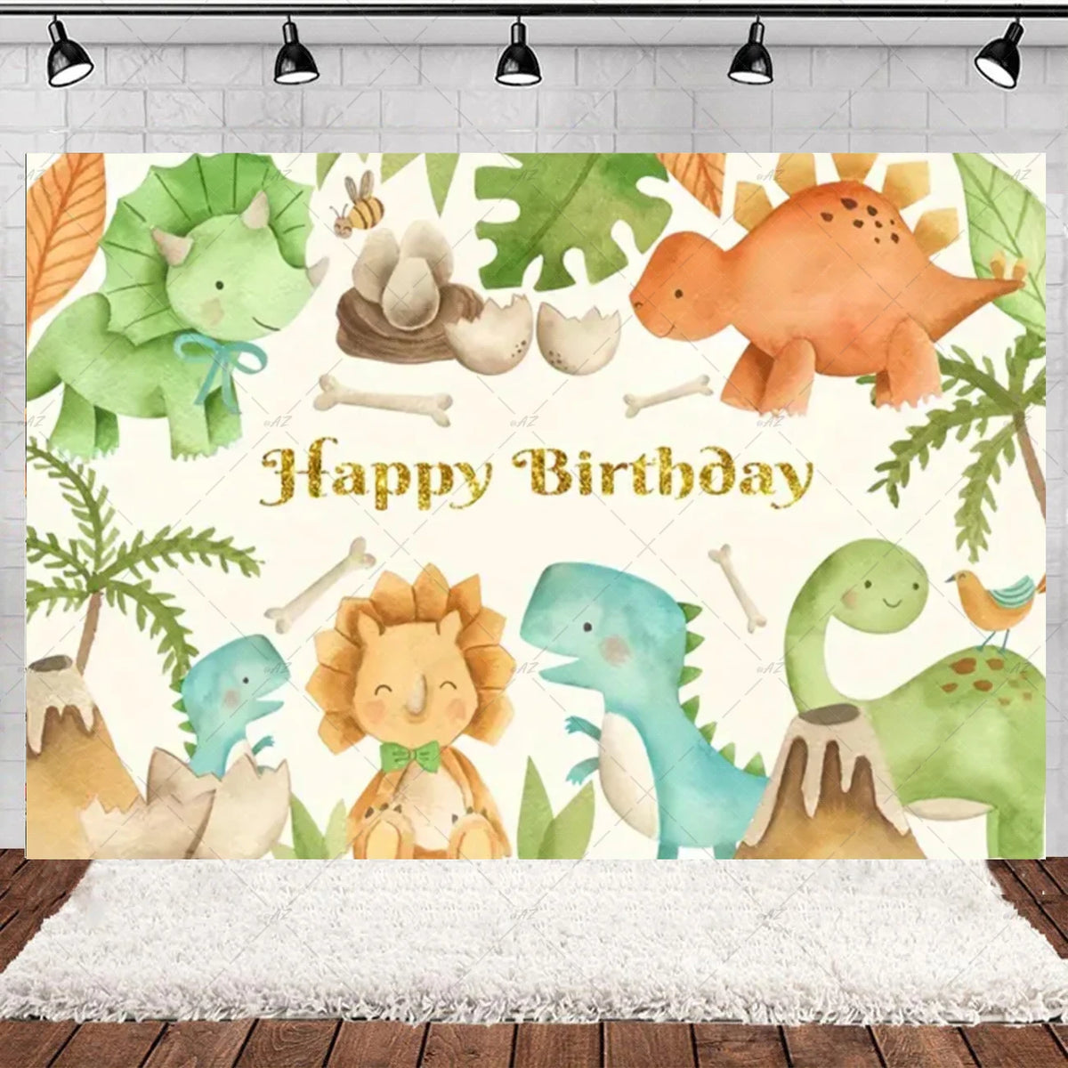 A watercolor illustration of various cartoon dinosaurs in a lush green woodland theme for a birthday party backdrop.