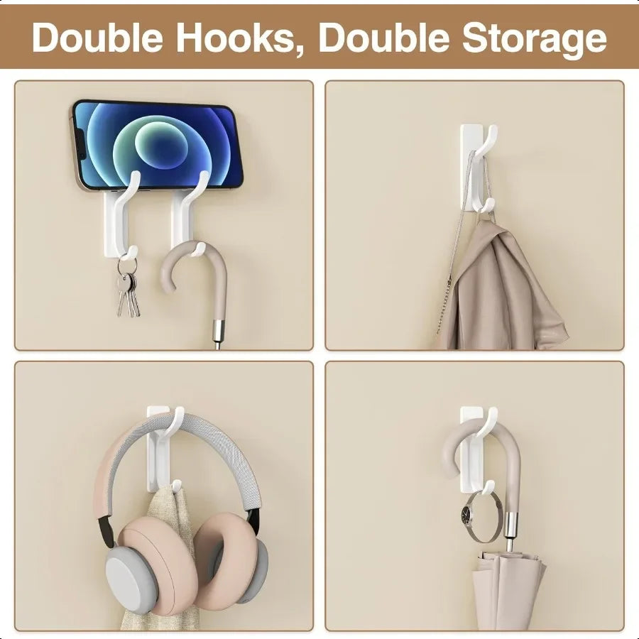 Set of four self-adhesive wall hooks used for double storage, featuring various hook shapes and colors.