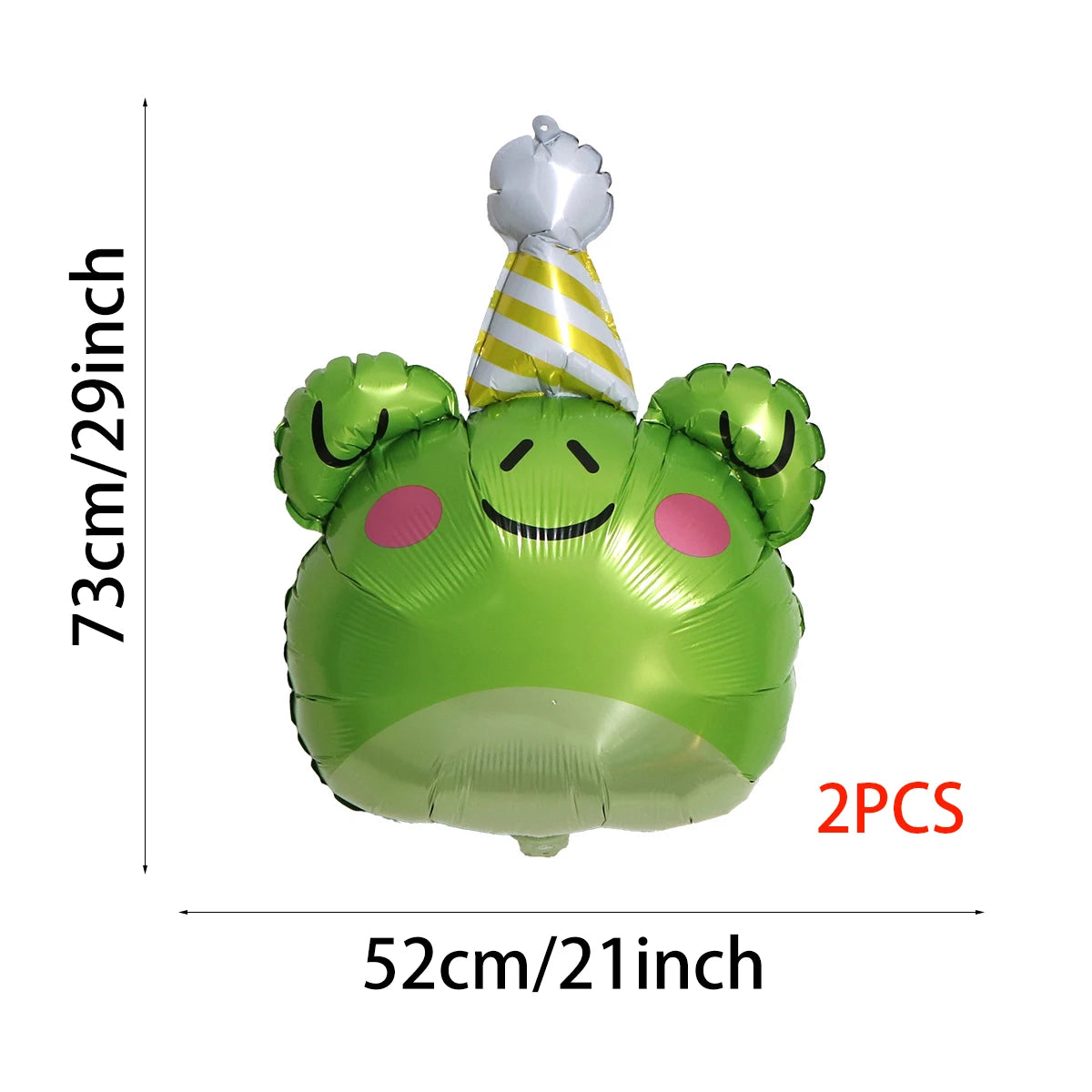 Green foil balloon shaped like a smiling jungle animal face with a striped yellow and white crown