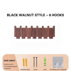 Black walnut style piano key wall coat rack with six wooden hooks