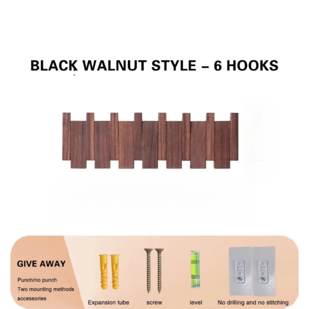 Black walnut style piano key wall coat rack with six wooden hooks
