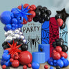 A balloon arch kit featuring red, black, and blue balloons with spider and star foil accents.