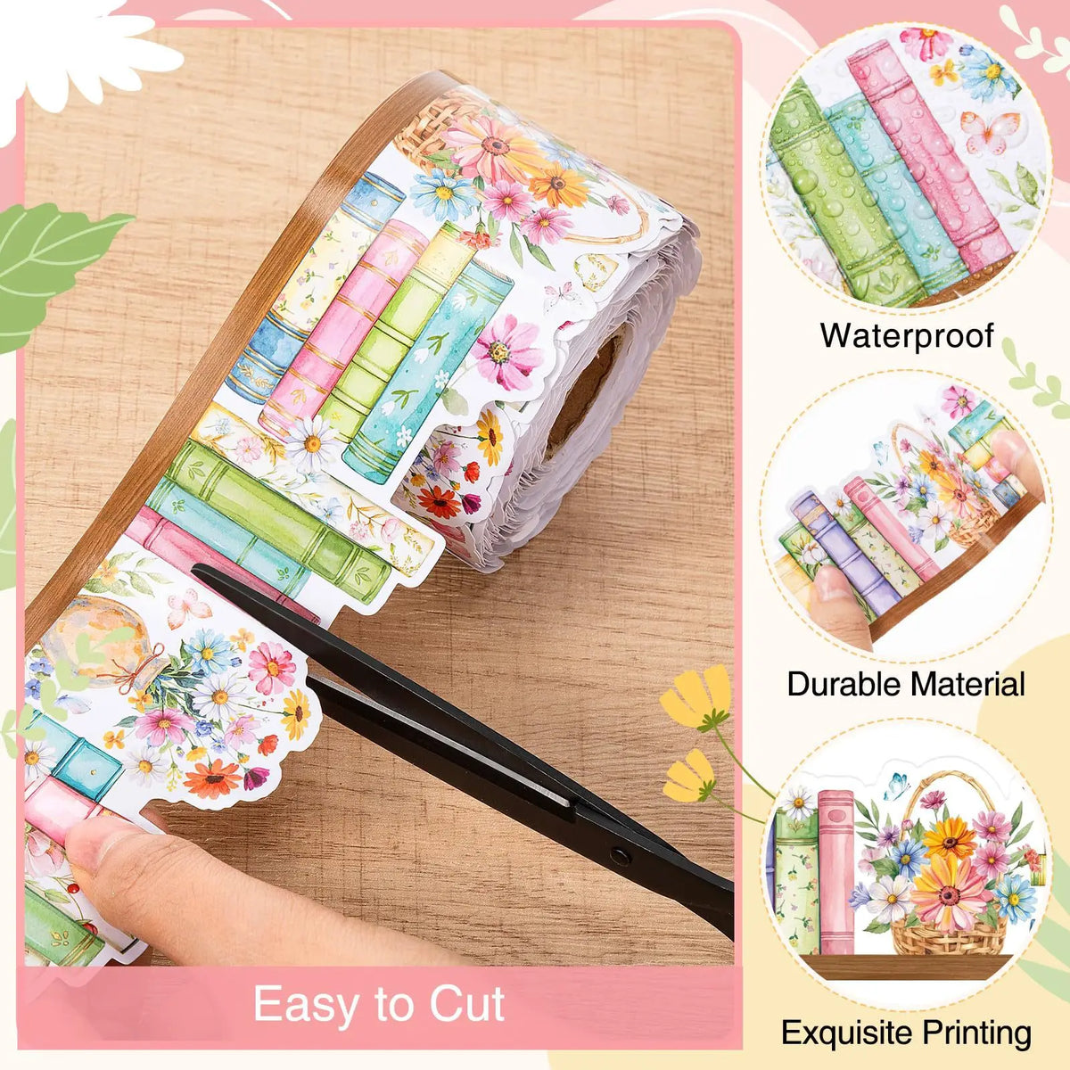 A roll of watercolor-themed decorative stickers with a wooden border showing easy cutting and durable material