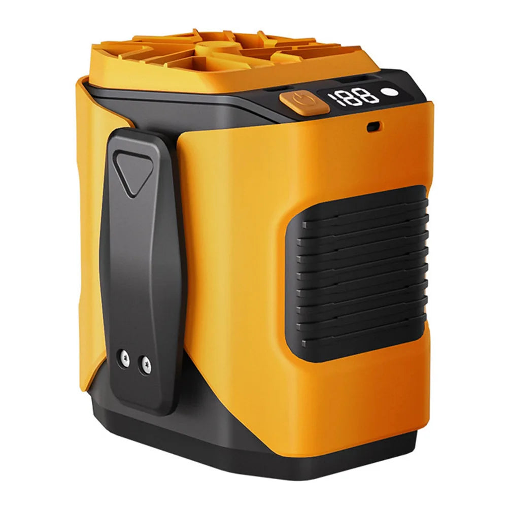 An orange and black portable rechargeable waist fan with a grille and an LED light display.