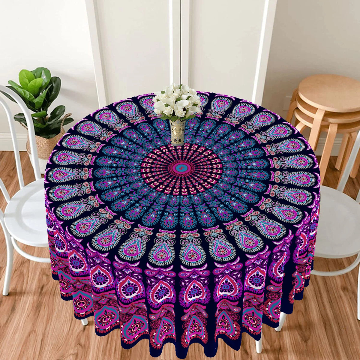 Bohemian peacock mandala round tablecloth featuring purple and pink floral patterns.