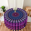 Bohemian peacock mandala round tablecloth featuring purple and pink floral patterns.