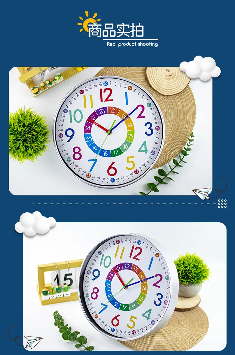 A colorful silent wall clock with a round face and decorative elements is shown on a wooden surface.