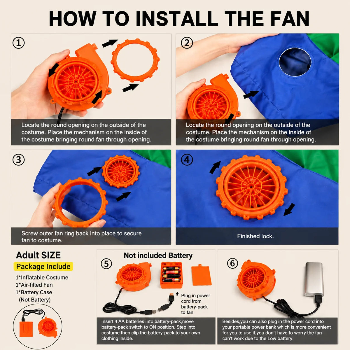 Instructions showing how to install an inflatable dachshund dog costume fan