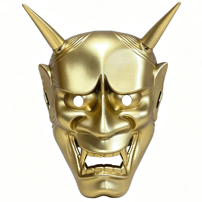 A full face Japanese Hannya demon mask with horns and fierce facial features, colored gold.