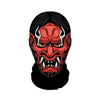 A close-up illustration of a fierce red and black skeleton face mask with horns and sharp teeth.
