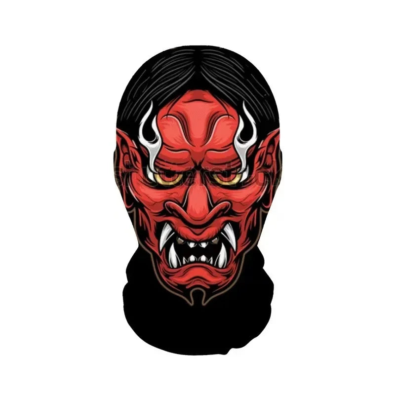 A close-up illustration of a fierce red and black skeleton face mask with horns and sharp teeth.