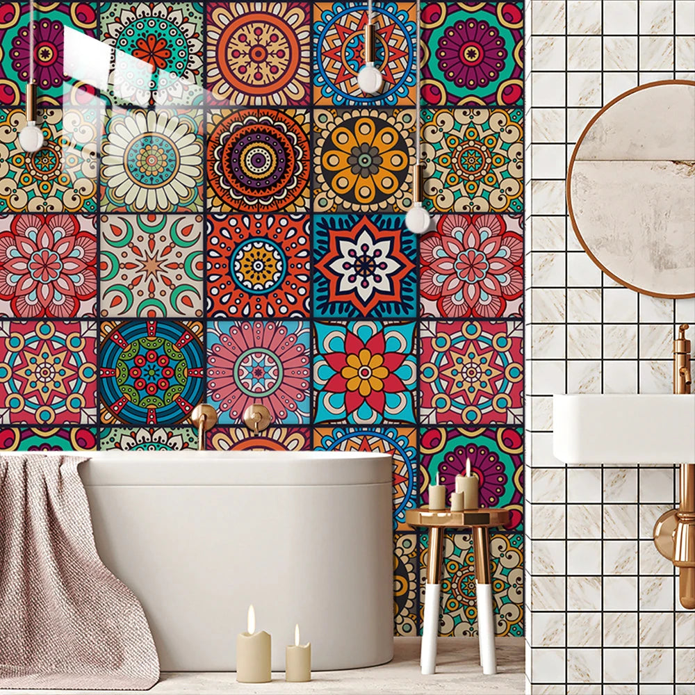 Colorful mandala peel and stick wall tiles used as a kitchen backsplash with candles.