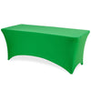 A bright green stretch fitted spandex table cover for a rectangle or folding table.
