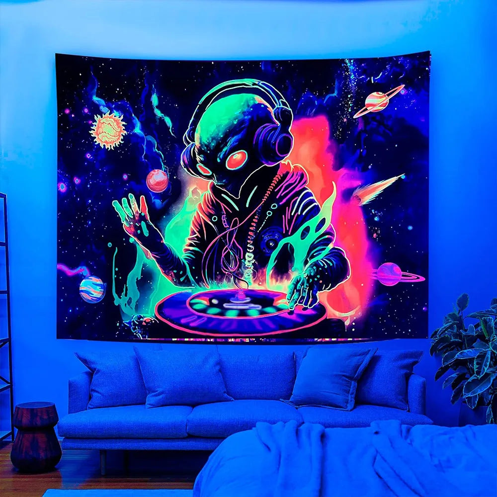 A vibrant tapestry featuring a stylized alien head with headphones against a dark, cosmic background.
